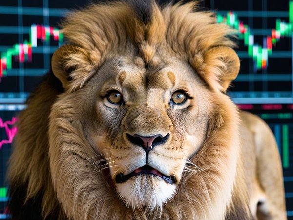 A forex trading system's lion looking at the camera with a surprised expression, and a forex trading chart in the background