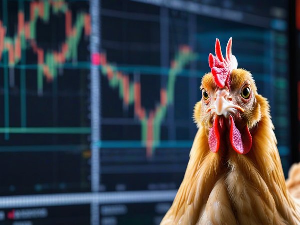 A forex trading system's chicken looking at the camera with a amazed expression, and a forex trading chart in the background