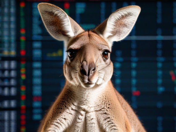 A forex trading system's kangaroo looking at the camera with a curious expression, and a forex trading chart in the background
