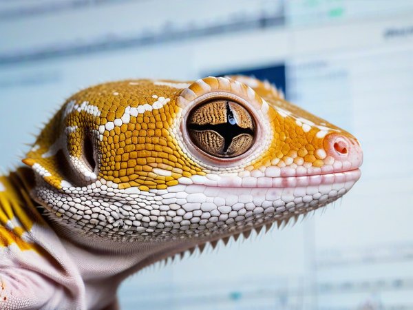 A forex trading system's gecko looking at the camera with a shy expression, and a forex trading chart in the background