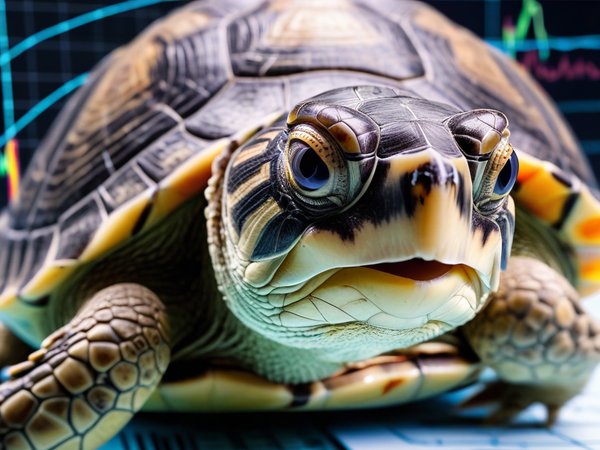 A forex trading system's turtle looking at the camera with a mischievous expression, and a forex trading chart in the background
