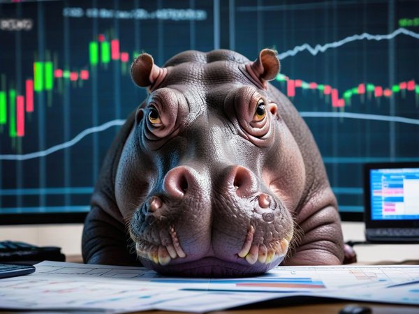 A forex trading system's hippo looking at the camera with a scared expression, and a forex trading chart in the background