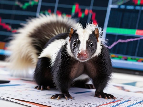A forex trading system's skunk looking at the camera with a confused expression, and a forex trading chart in the background