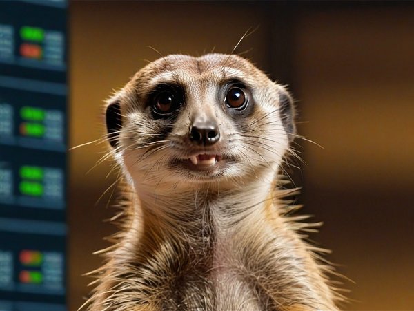 A forex trading system's meerkat looking at the camera with a surprised expression, and a forex trading chart in the background