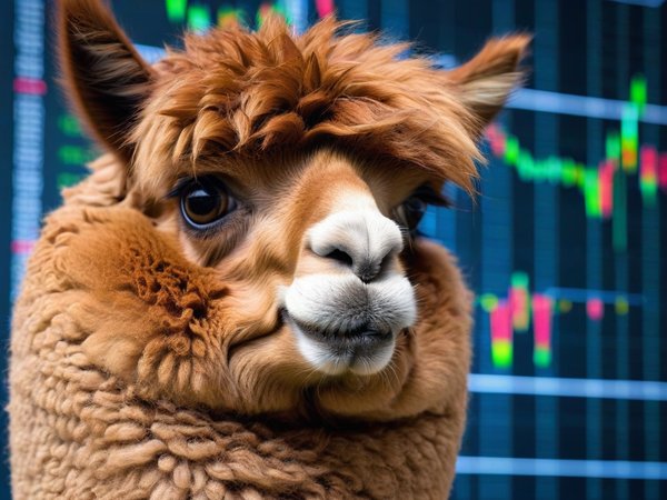 A forex trading system's alpaca looking at the camera with a suspicious expression, and a forex trading chart in the background