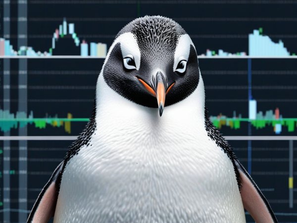 A forex trading system's penguin looking at the camera with a embarrassed expression, and a forex trading chart in the background
