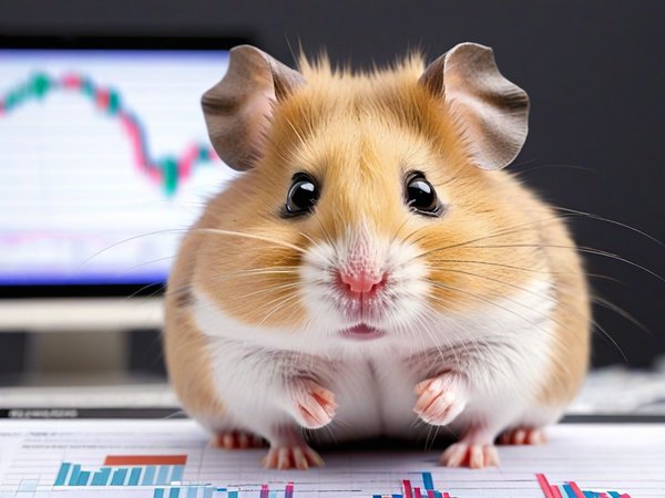A forex trading system's hamster looking at the camera with a sneaky expression, and a forex trading chart in the background