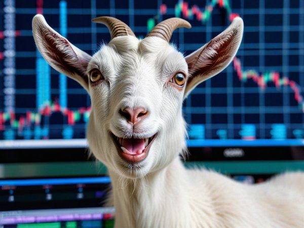 A forex trading system's goat looking at the camera with a excited expression, and a forex trading chart in the background