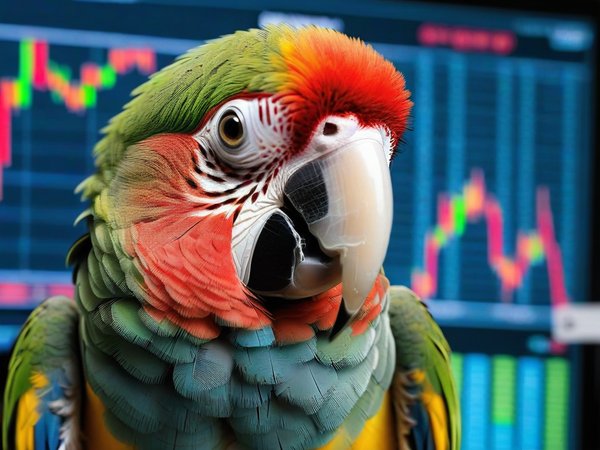 A forex trading system's parrot looking at the camera with a confused expression, and a forex trading chart in the background