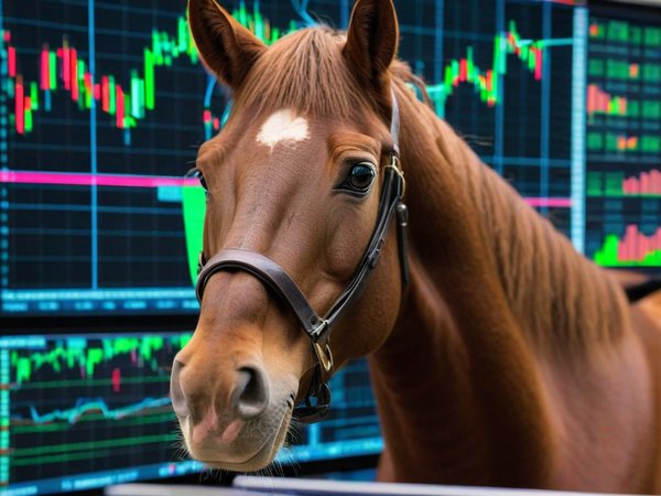 A forex trading system's horse looking at the camera with a amazed expression, and a forex trading chart in the background