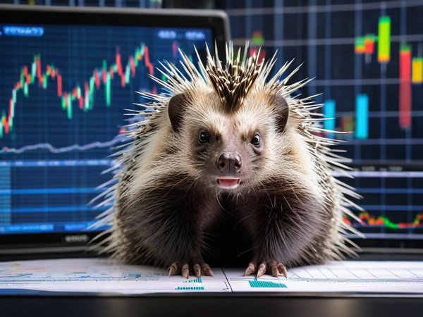 A forex trading system's porcupine looking at the camera with a annoyed expression, and a forex trading chart in the background