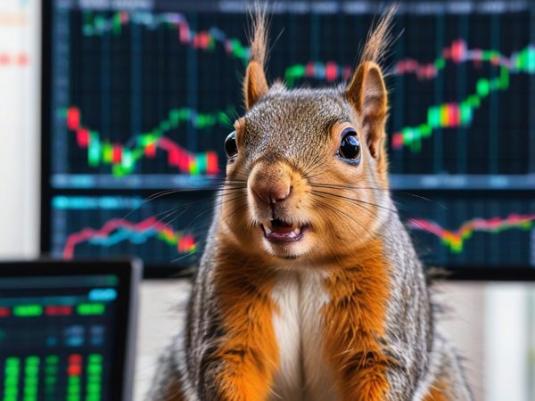 A forex trading system's squirrel looking at the camera with a annoyed expression, and a forex trading chart in the background