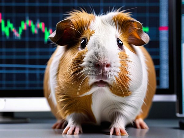 A forex trading system's guinea pig looking at the camera with a scared expression, and a forex trading chart in the background