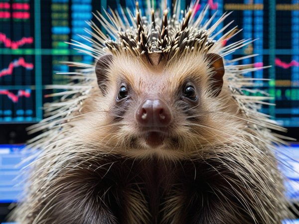 A forex trading system's porcupine looking at the camera with a mischievous expression, and a forex trading chart in the background
