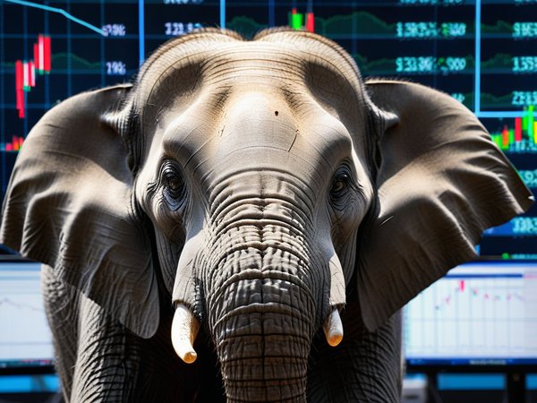 A forex trading system's elephant looking at the camera with a grumpy expression, and a forex trading chart in the background