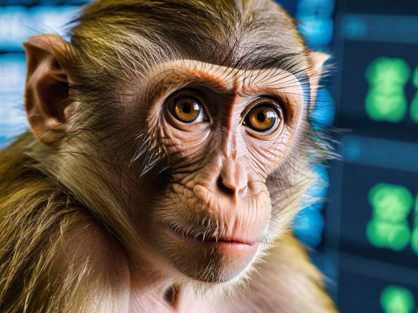 A forex trading system's monkey looking at the camera with a suspicious expression, and a forex trading chart in the background