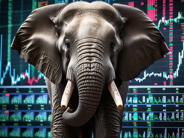 A forex trading system's elephant looking at the camera with a scared expression, and a forex trading chart in the background