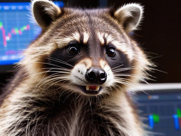 A forex trading system's raccoon looking at the camera with a sneaky expression, and a forex trading chart in the background