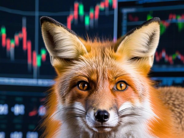 A forex trading system's fox looking at the camera with a relieved expression, and a forex trading chart in the background