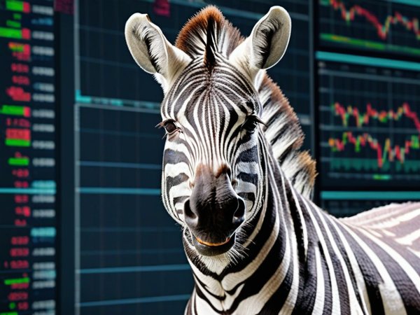 A forex trading system's zebra looking at the camera with a grumpy expression, and a forex trading chart in the background
