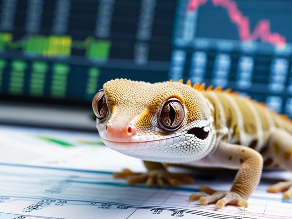 A forex trading system's gecko looking at the camera with a confused expression, and a forex trading chart in the background