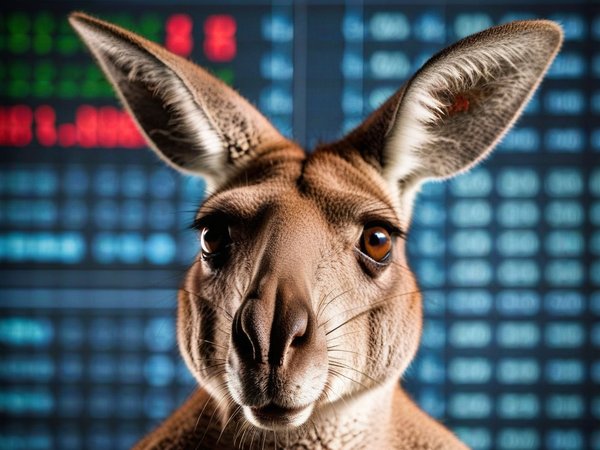 A forex trading system's kangaroo looking at the camera with a disgusted expression, and a forex trading chart in the background