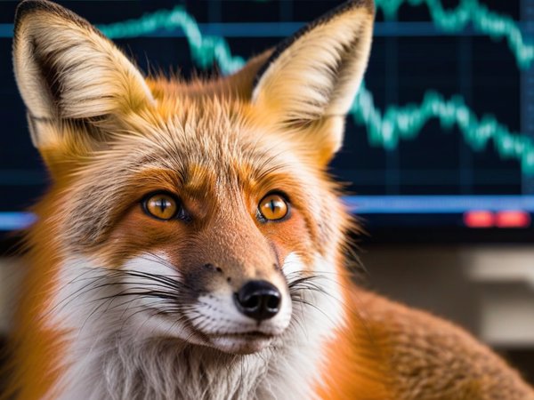 A forex trading system's fox looking at the camera with a thoughtful expression, and a forex trading chart in the background