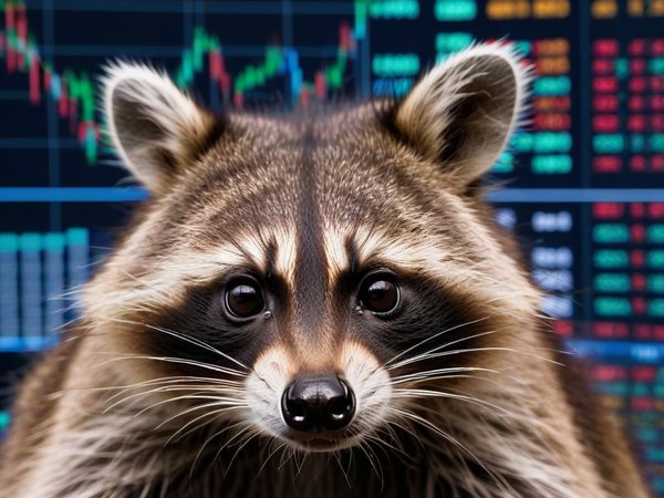 A forex trading system's raccoon looking at the camera with a sad expression, and a forex trading chart in the background