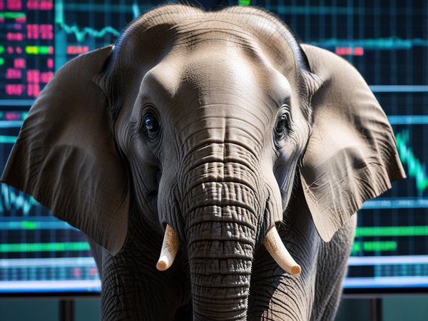 A forex trading system's elephant looking at the camera with a curious expression, and a forex trading chart in the background