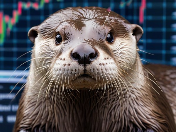 A forex trading system's otter looking at the camera with a grumpy expression, and a forex trading chart in the background