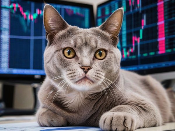 A forex trading system's cat looking at the camera with a worried expression, and a forex trading chart in the background