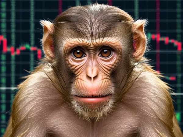 A forex trading system's monkey looking at the camera with a grumpy expression, and a forex trading chart in the background