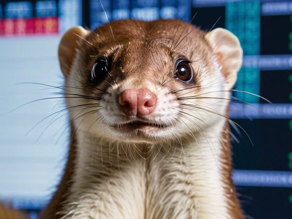 A forex trading system's weasel looking at the camera with a silly expression, and a forex trading chart in the background