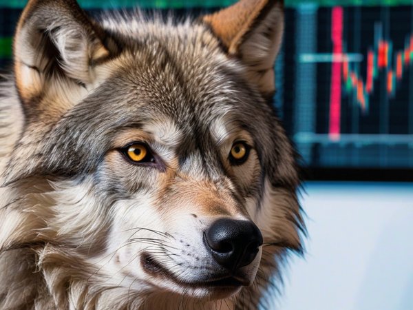 A forex trading system's wolf looking at the camera with a shy expression, and a forex trading chart in the background