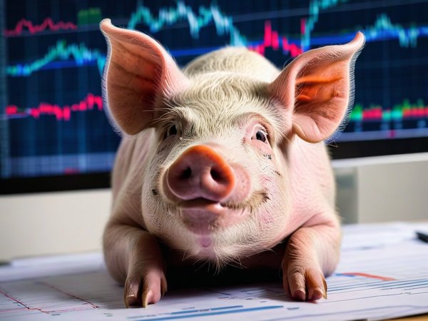 A forex trading system's pig looking at the camera with a thoughtful expression, and a forex trading chart in the background