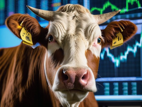 A forex trading system's cow looking at the camera with a excited expression, and a forex trading chart in the background
