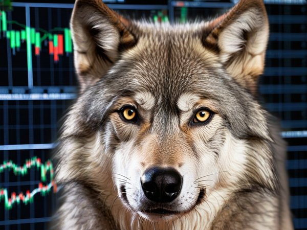 A forex trading system's wolf looking at the camera with a curious expression, and a forex trading chart in the background