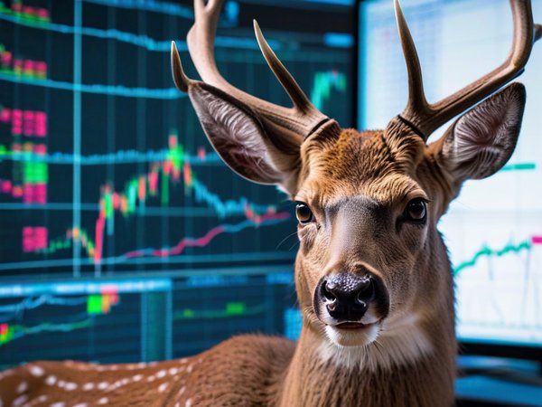 A forex trading system's deer looking at the camera with a annoyed expression, and a forex trading chart in the background