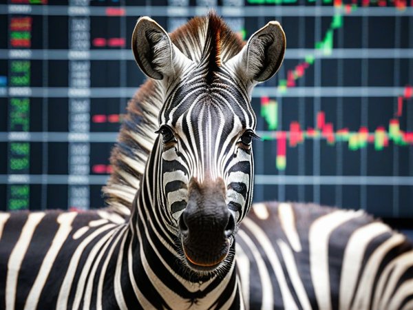 A forex trading system's zebra looking at the camera with a proud expression, and a forex trading chart in the background