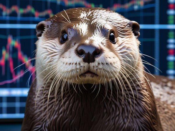 A forex trading system's otter looking at the camera with a relieved expression, and a forex trading chart in the background
