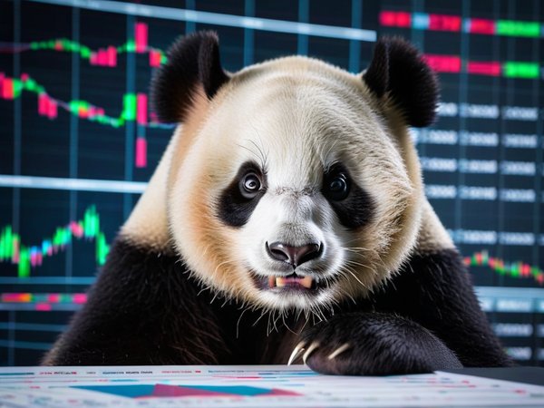 A forex trading system's panda looking at the camera with a mischievous expression, and a forex trading chart in the background