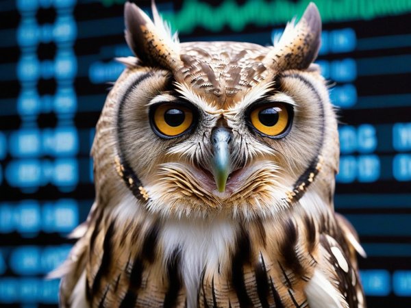 A forex trading system's owl looking at the camera with a grumpy expression, and a forex trading chart in the background