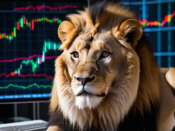 A forex trading system's lion looking at the camera with a calm expression, and a forex trading chart in the background