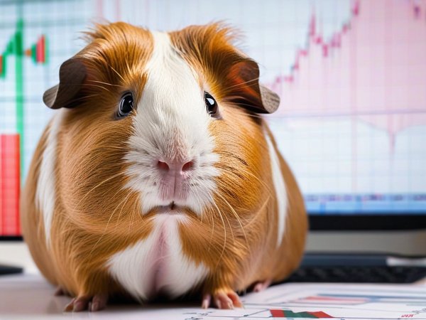 A forex trading system's guinea pig looking at the camera with a confused expression, and a forex trading chart in the background