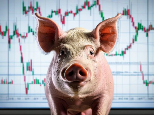 A forex trading system's pig looking at the camera with a skeptical expression, and a forex trading chart in the background