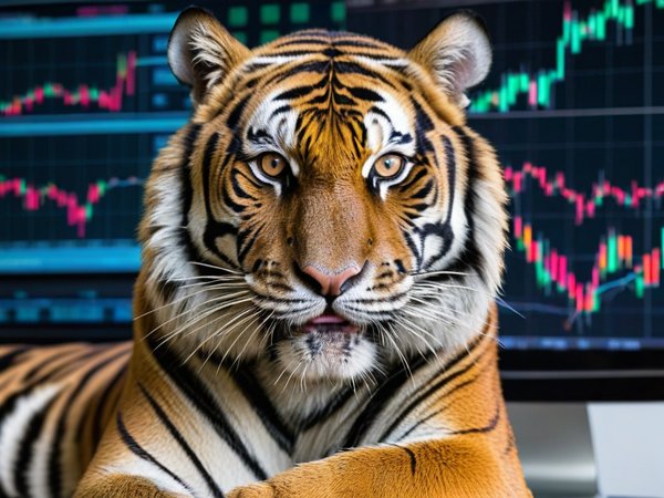 A forex trading system's tiger looking at the camera with a frustrated expression, and a forex trading chart in the background