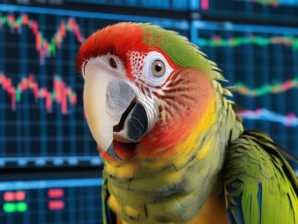 A forex trading system's parrot looking at the camera with a amazed expression, and a forex trading chart in the background