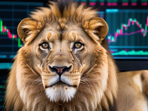 A forex trading system's lion looking at the camera with a sneaky expression, and a forex trading chart in the background