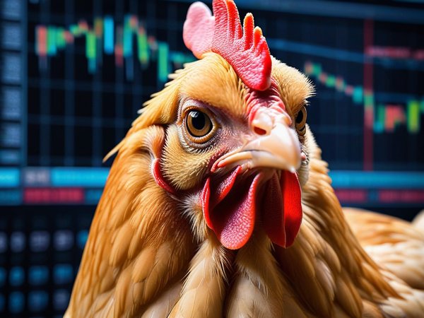 A forex trading system's chicken looking at the camera with a grumpy expression, and a forex trading chart in the background