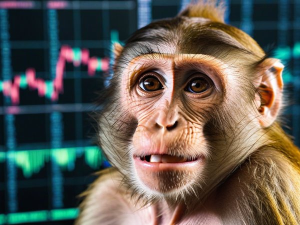 A forex trading system's monkey looking at the camera with a love-struck expression, and a forex trading chart in the background